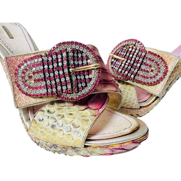 Massimo Dogana Snake Rhinestone Gold Heels Size 37 1/2 Upper Leather Soles - Picture 9 of 16